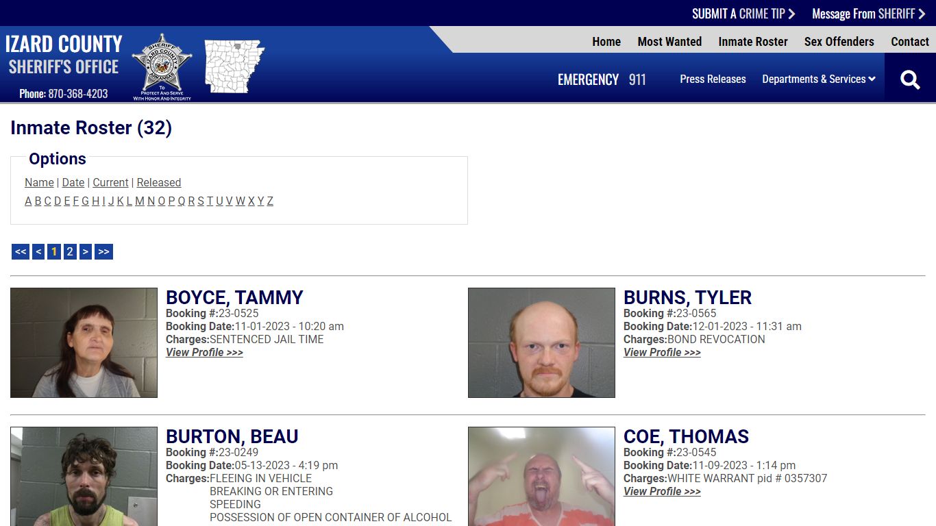 Inmate Roster - Current Inmates - Izard County Sheriff AR
